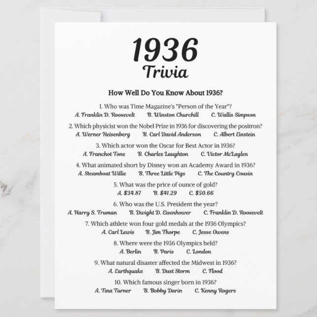 1936 Trivia-spel | 89:e Födelsedagsfestens spel (Framsida)