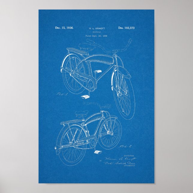 1936 Vintage Bicycle Patent Art-utskrift Poster (Framsidan)