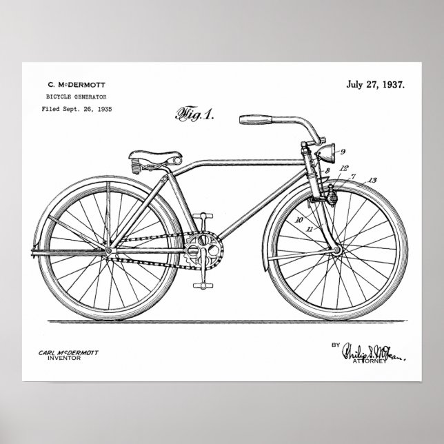 1937 Bicycle Headlamp Design Patent Art Print Poster (Framsidan)