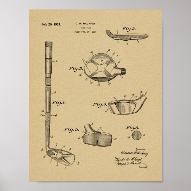 1937 Golf Klubb Patent Art Teckning Print Poster (Framsidan)