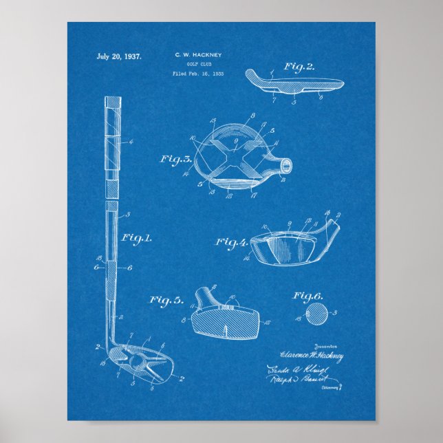1937 Golf Klubb Patent Art Teckning Print Poster (Framsidan)