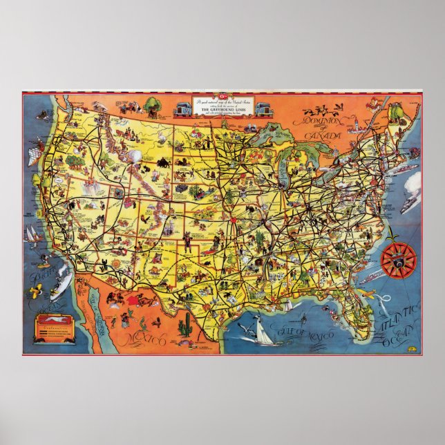 1937 Greyhound Buss Route Karta Poster (Framsidan)