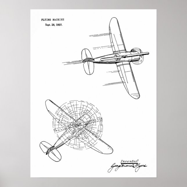 1937 Helicopter Airplane Patent Art Teckning Print Poster (Framsidan)