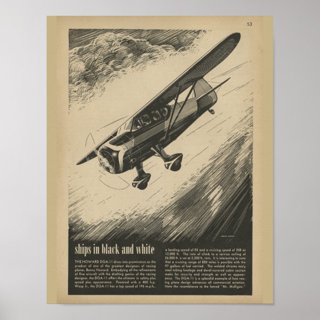 1938 Aviation Airplane Howard DGA-11 Art Print Poster (Framsidan)