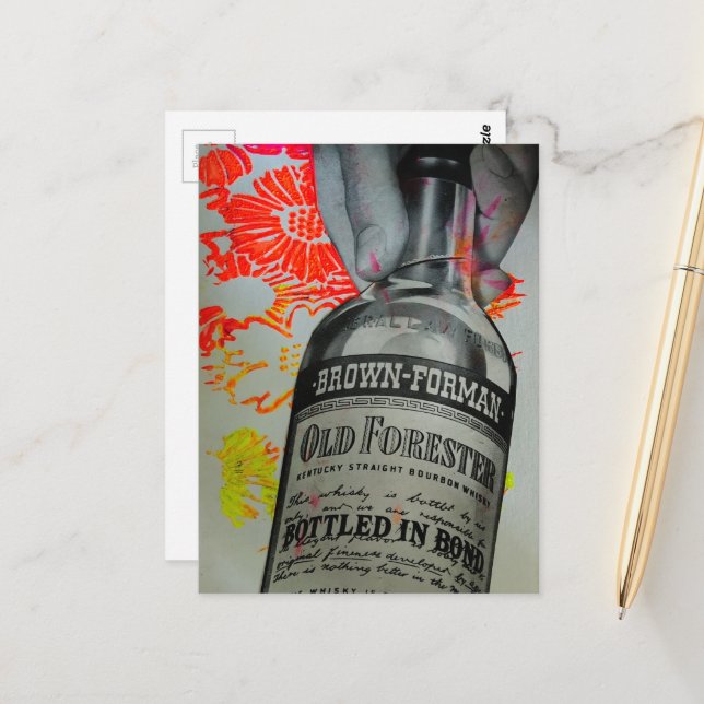 1939 Bottled in Bond Whisky Mixed Media Collage Vykort (Fram/Back In Situ)