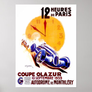 1939 Paris 12 timmars vintage tävla Poster