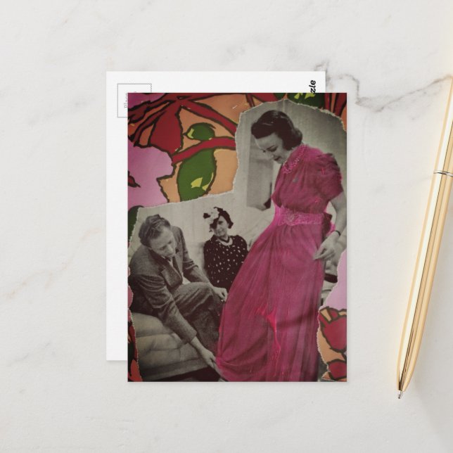 1939 Rosa Pyjamas Dam Mixed Media Collage Vykort (Fram/Back In Situ)