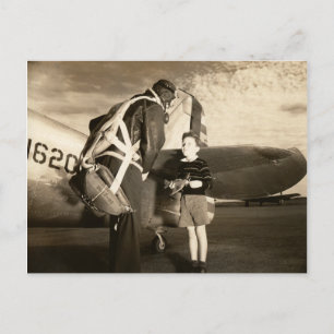 1940 Amerikansk militärpilot och ung pojke Vykort