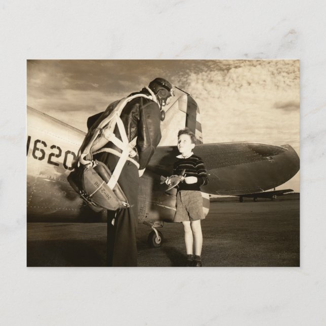 1940 Amerikansk militärpilot och ung pojke Vykort (Framsida)