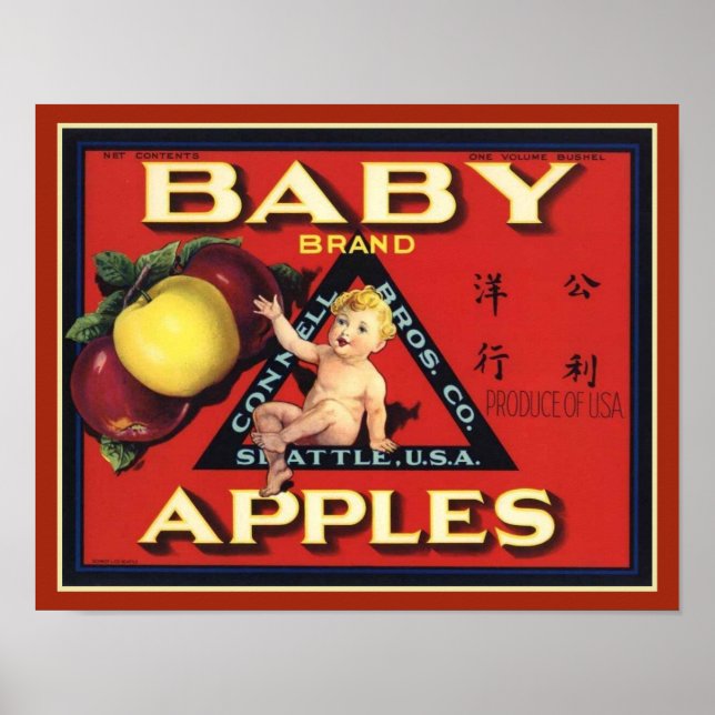 1940:s babymärke äpplen frukt- och sadeletikett poster (Framsidan)