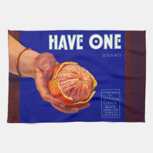 1940-talet har en låda-etikett i orangen kökshandduk
