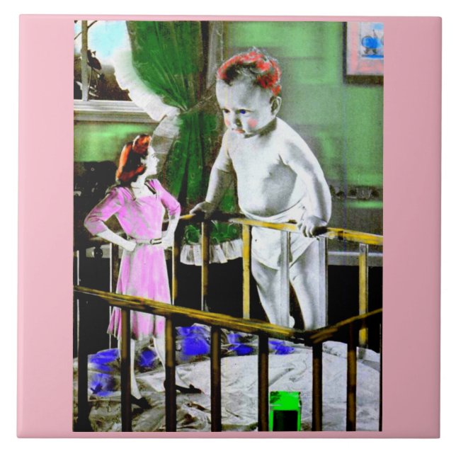 1940-talet mor och hennes jätte baby kakelplatta (Framsidan)