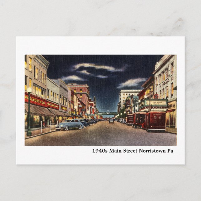 1940-talet Norristown's Main Street Vykort (Framsida)