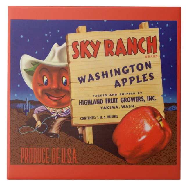 1940-talets Himlar Ranch Washington Apples låda-et Kakelplatta (Framsidan)
