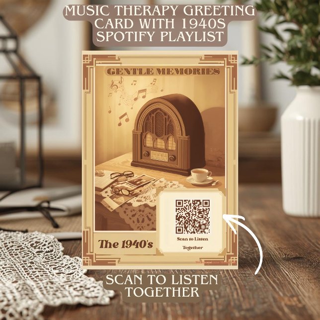 1940-talets Musikterapi QR-kod med 1940-talets Hit Julkort (Vintage 1940s radio illustration on a greeting card with a QR code for a classic music playlist.)