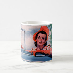 1940-talets vackra kvinna i bilen kaffemugg