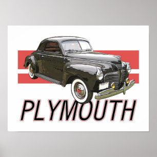 1941 Plymouth-kupa med grafik och text. Poster
