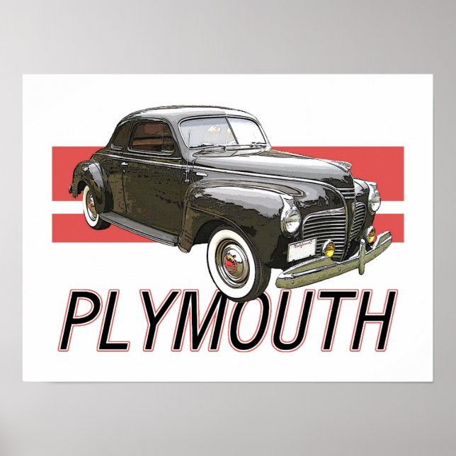 1941 Plymouth-kupa med grafik och text. Poster (Framsidan)