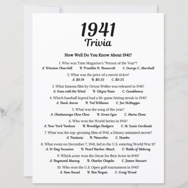 1941 Trivia-spel | 84:e Födelsedagsfestens spel (Framsida)
