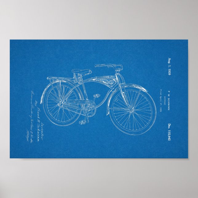 1942 Vintage Schwinn Bicycle Patent Blueprint Art Poster (Framsidan)