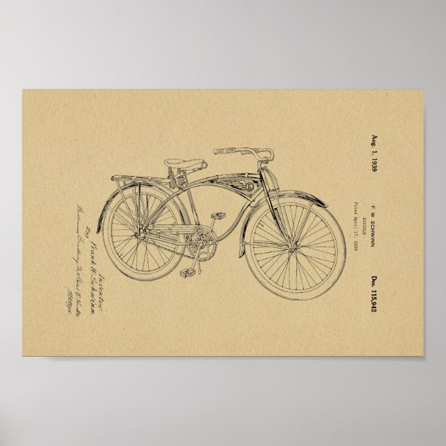 1942-Vintages Schwinn Bicycle Patent Art Print Poster (Framsidan)