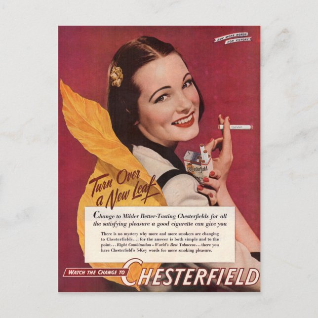 1944 Chesterfield-cigaretter och med söt dam Vykort (Framsida)