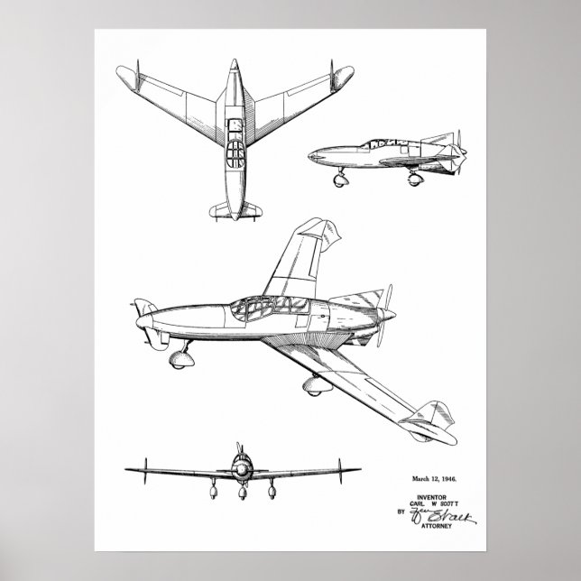 1946 Bakre prop Flygplan Patent Art Teckning Skriv Poster (Framsidan)
