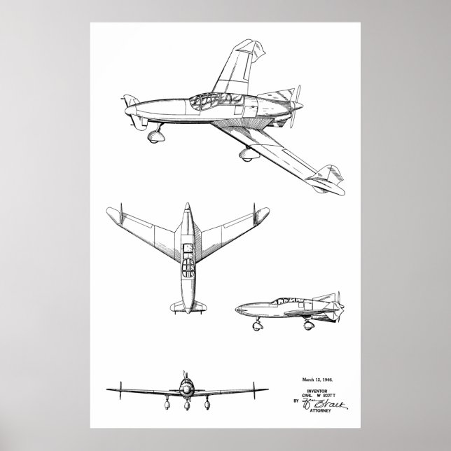 1946 Bakre prop Flygplan Patent Art Teckning Skriv Poster (Framsidan)