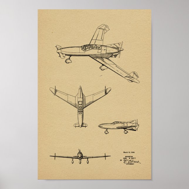 1946 Bakre prop Flygplan Patent Art Teckning Skriv Poster (Framsidan)