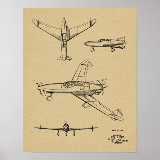 1946 Bakre prop Flygplan Patent Art Teckning Skriv Poster (Framsidan)