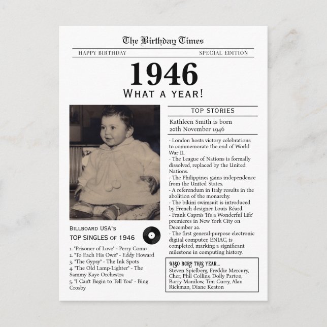 1946 Birthday Newspaper Postcard Vykort (Framsida)