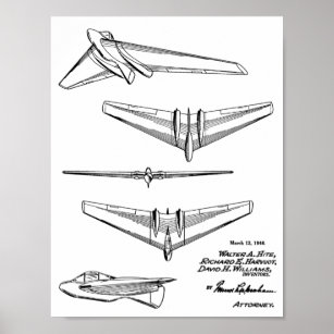 1946 Flygplanspatent i Vinge Art Teckning Skriv ut Poster