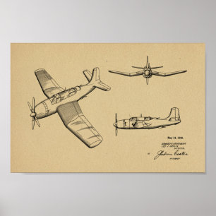 1946 Militärt flygplanspatent Art Teckning Skriv u Poster