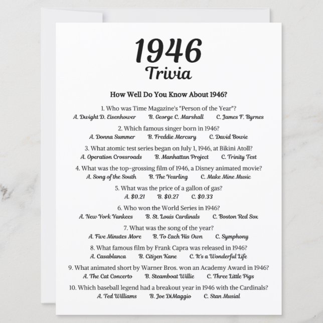 1946 Trivia-spel | 79:e Födelsedagsfestens spel (Framsida)