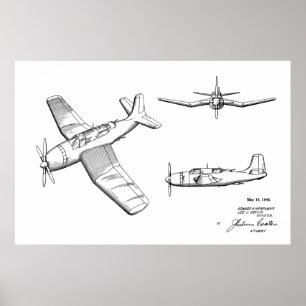 1946 WW2 Flygplanspatent Art Teckning Skriv ut Poster