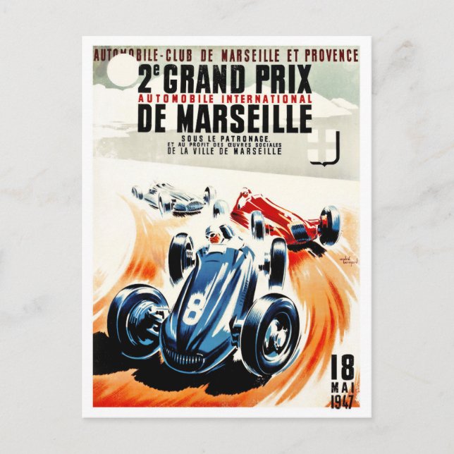 1947 Marseille Grand Prix vintage tävla Vykort (Framsida)