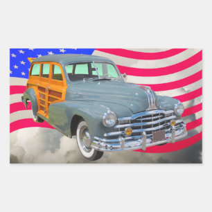 1948 Pontiac Silver Streak Woody and US Flagga Rektangulärt Klistermärke