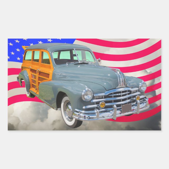 1948 Pontiac Silver Streak Woody and US Flagga Rektangulärt Klistermärke (Framsida)