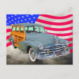 1948 Pontiac Silver Streak Woody and US Flagga Vykort