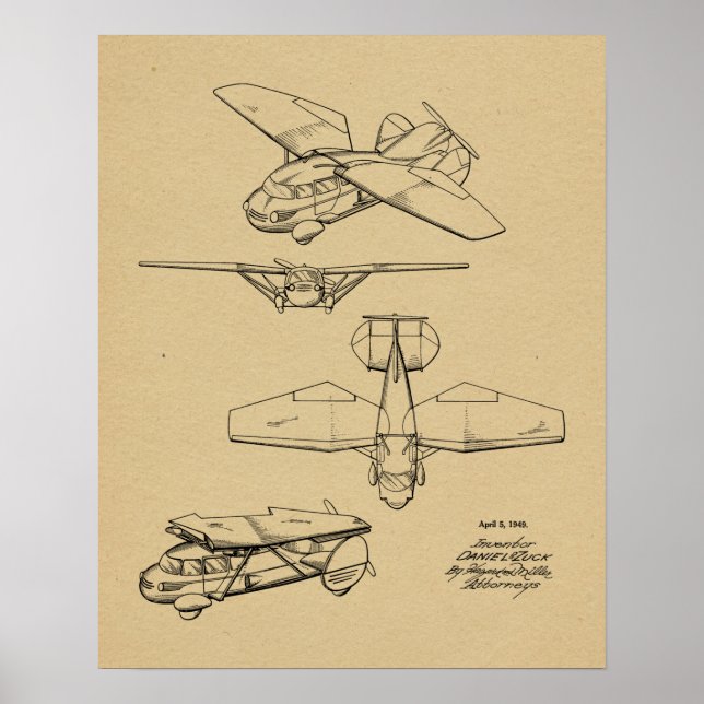 1949 Flygplansflyg Patent Art Teckning Skriv ut Poster (Framsidan)