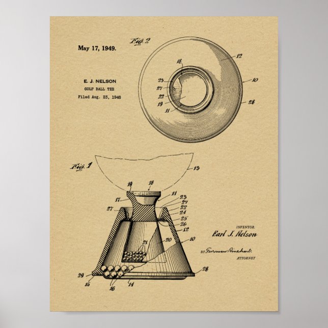 1949 Golf Boll Tee Patent Art Teckning Print Poster (Framsidan)