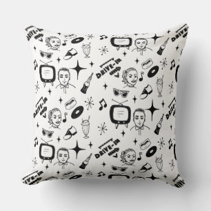 1950 års Retro Nostalgic Graphics Black and White Kudde
