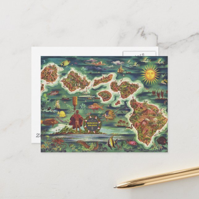 1950 Dole Karta of Hawaii Joseph Feher Oil Paint Vykort (Fram/Back In Situ)