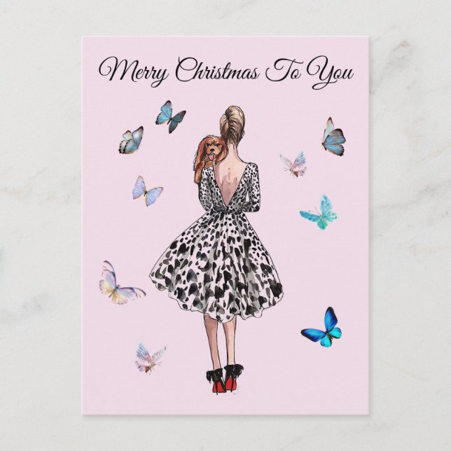 1950 Kvinna med fjärilar jul Hälsning Vykort (Framsida)