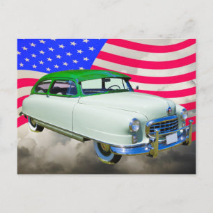 1950 Nash Ambassador Car and American Flagga Vykort