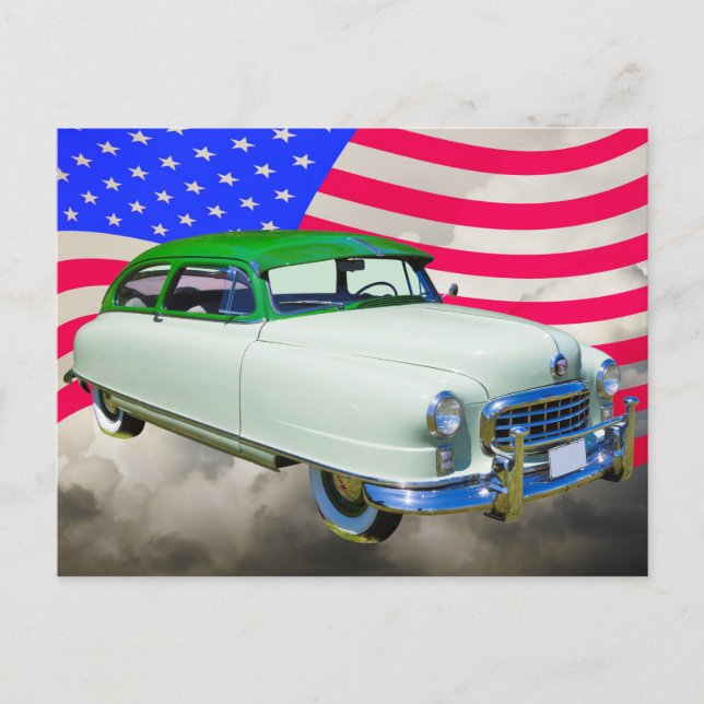 1950 Nash Ambassador Car and American Flagga Vykort (Framsida)