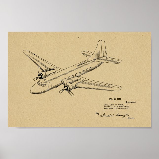 1950 Passagerarflygplan Patent Art Teckning Skriv  Poster (Framsidan)