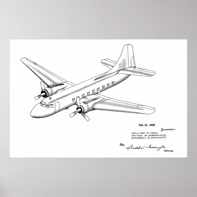 1950 Passagerarflygplan Patent Art Teckning Skriv  Poster (Framsidan)