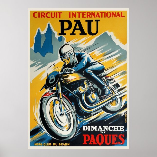 1950 Poster av motorcykel i Pau vid Grand Prix Täv (Framsidan)