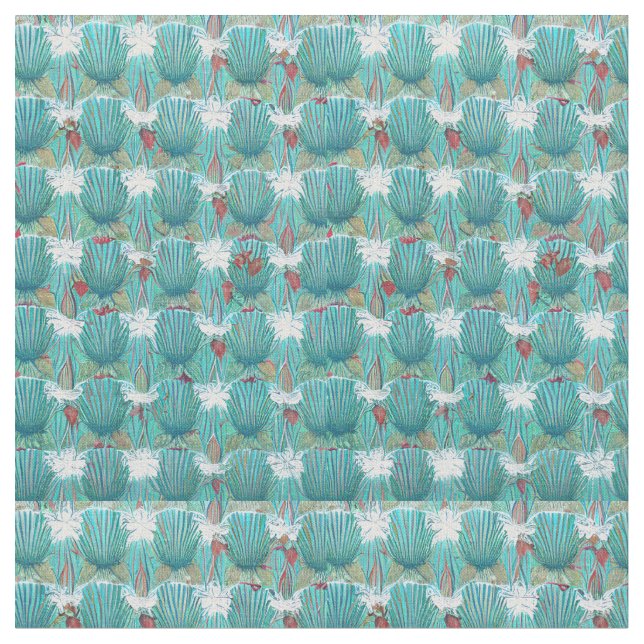 1950:s Art Deco Sea Snäcka Textile Geometric Teal Tyg (Närbild)